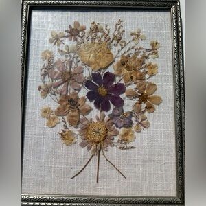 Vintage Floral Pressed Flower Art Silver Framed